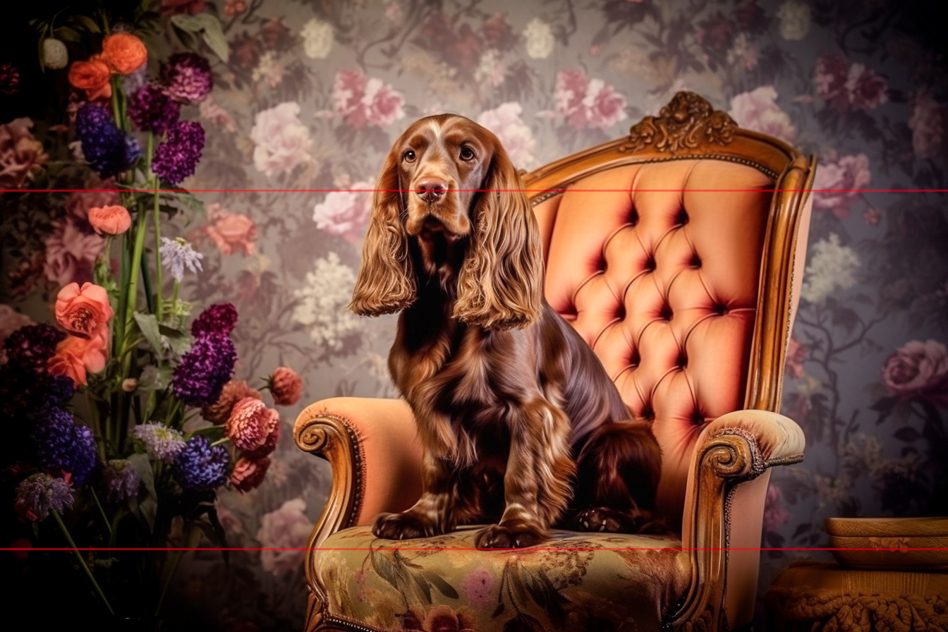 Cocker Spaniel (Brown) in Louis XVI Chair, mauve and pink flowered wallpaper and vase adorned with purple and orange flowers